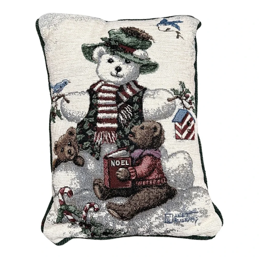 Tapestry Accent Pillow 16 x 12 Snowman Bear Artist Kruskamp Janet‎ Green Backing